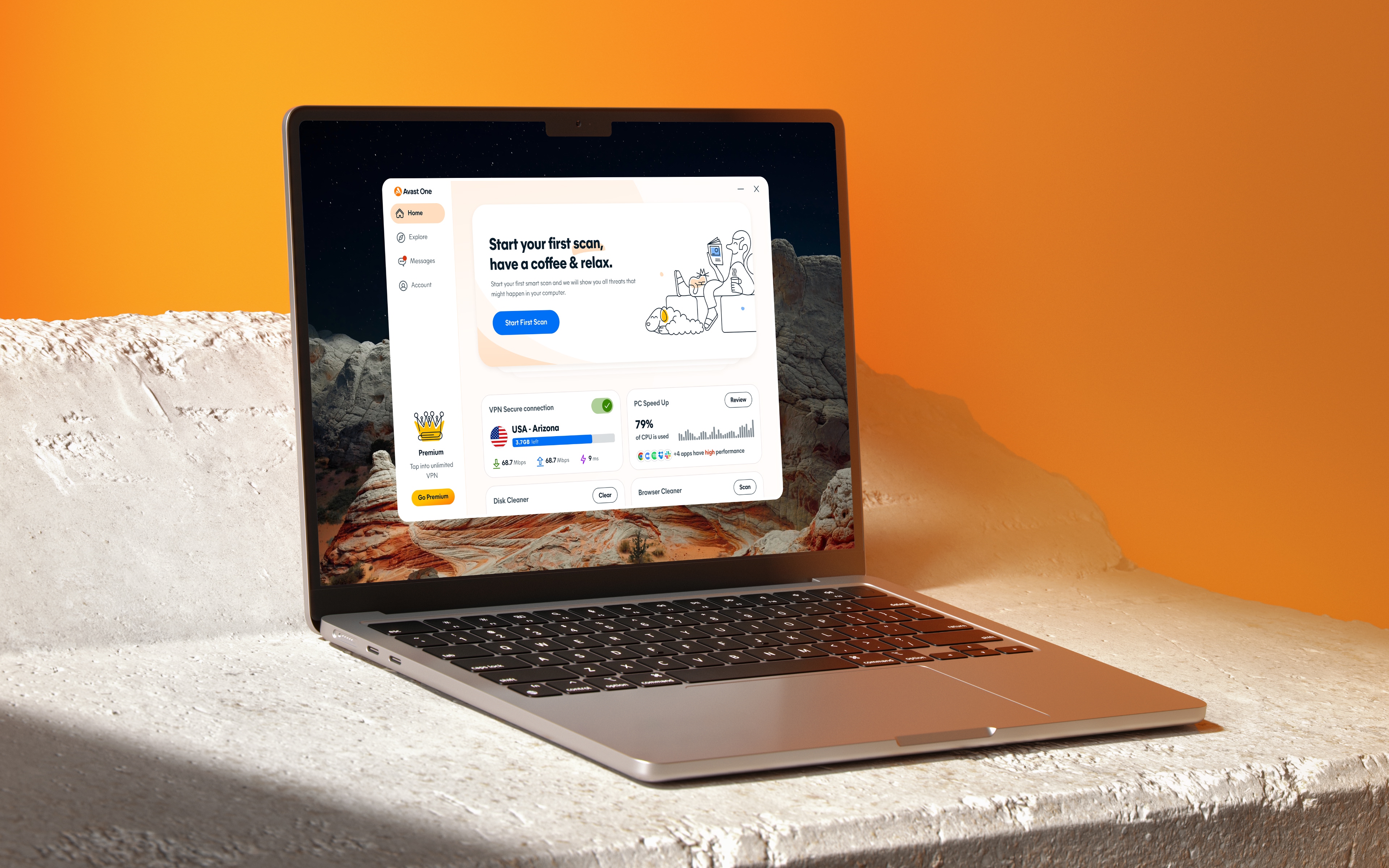 Avast One dashboard on a laptop against an orange backdrop